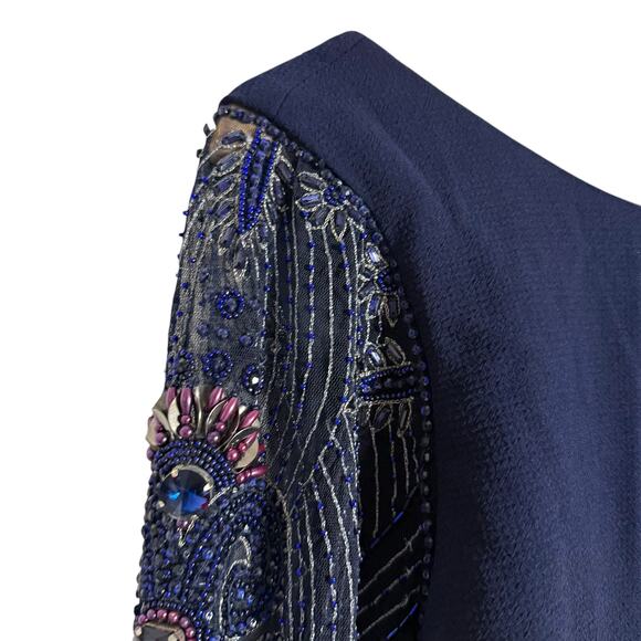 Badgley Mischka Navy Blue Beaded Long Sleeve Bateau Neck Train Gown Size 12 - Picture 8 of 16